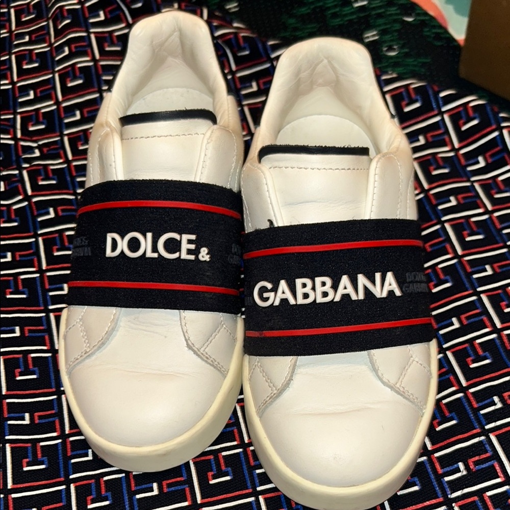 Dolce & Gabbana White Leather Sneakers with Black and Red Straps